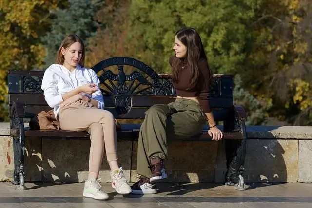Twee vriendinnen die een gesprek voeren.
